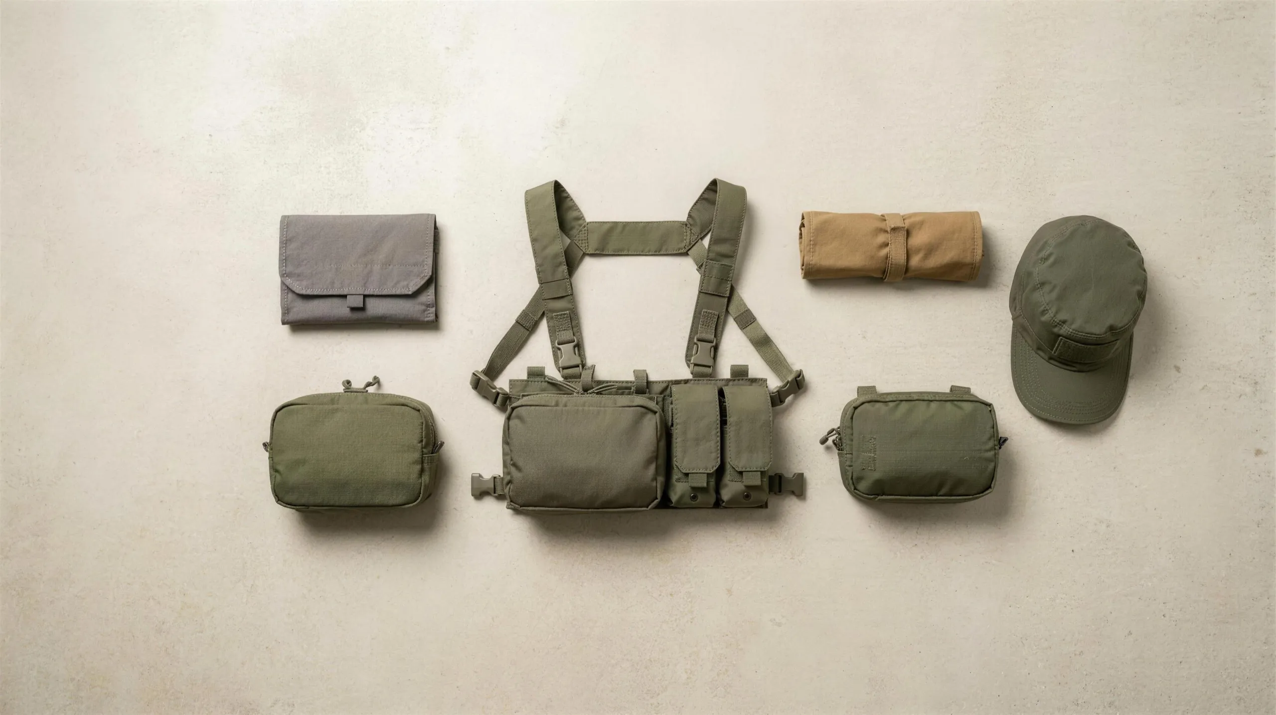 The full RIDGELINE INDEX kit laid out flat — chest rig, pouches, field cap and tool roll.