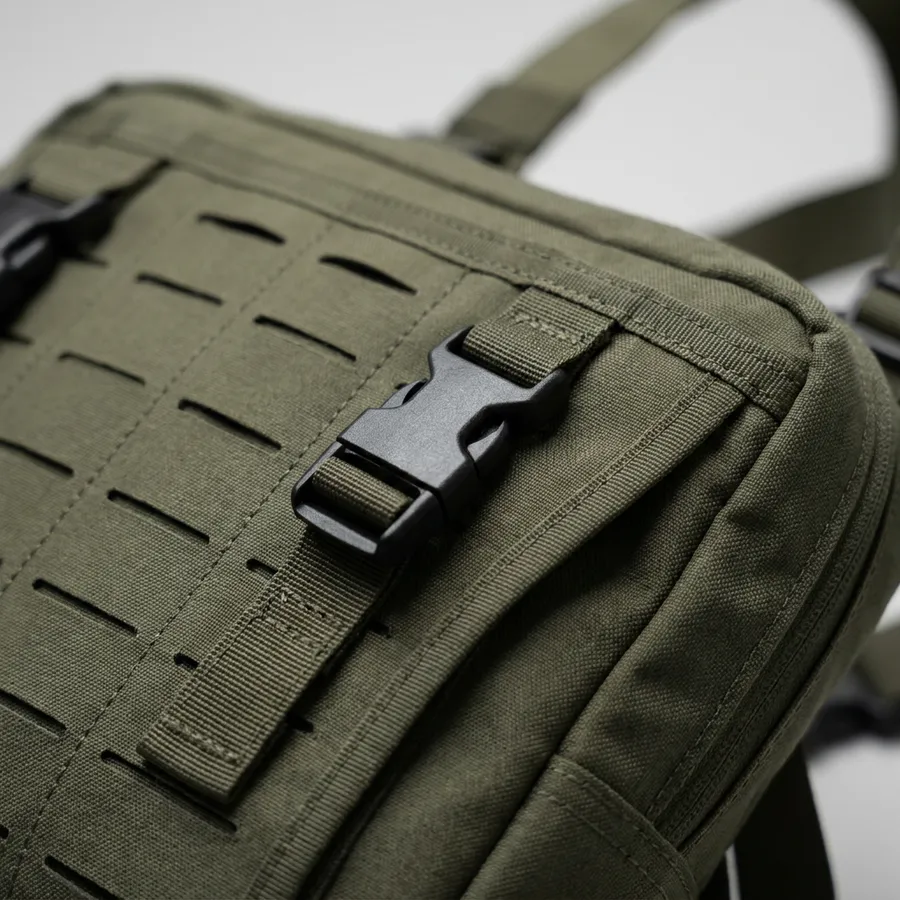 FIELD RIG 01 — front panel detail: laser-cut webbing, side-release buckle and bar-tack stitching.